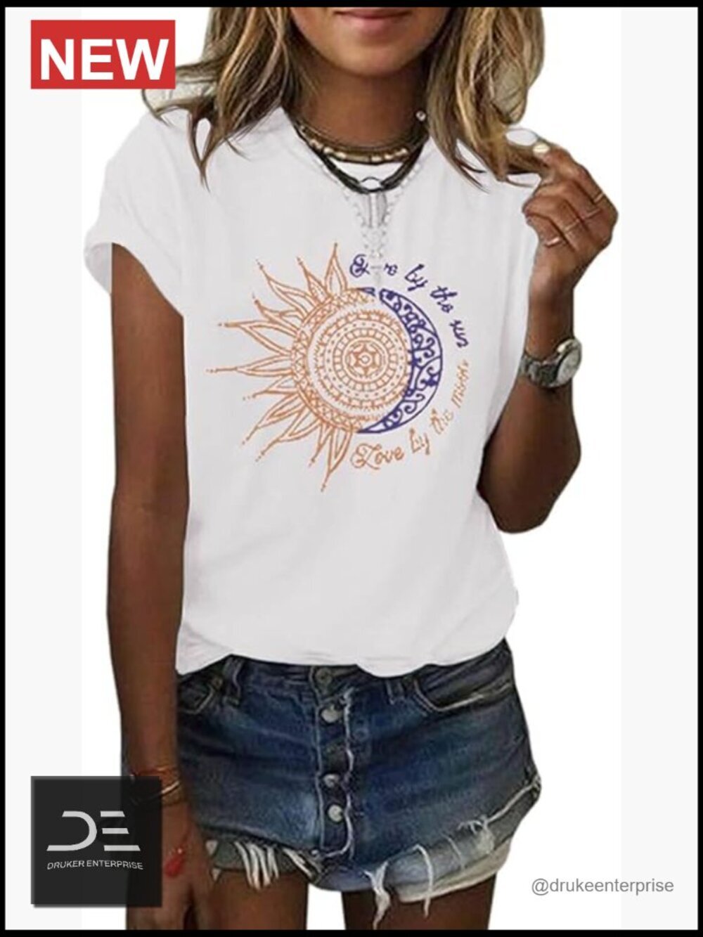 Vintage Moon Sun Graphic T-Shirt Crew Neck Short Sleeve